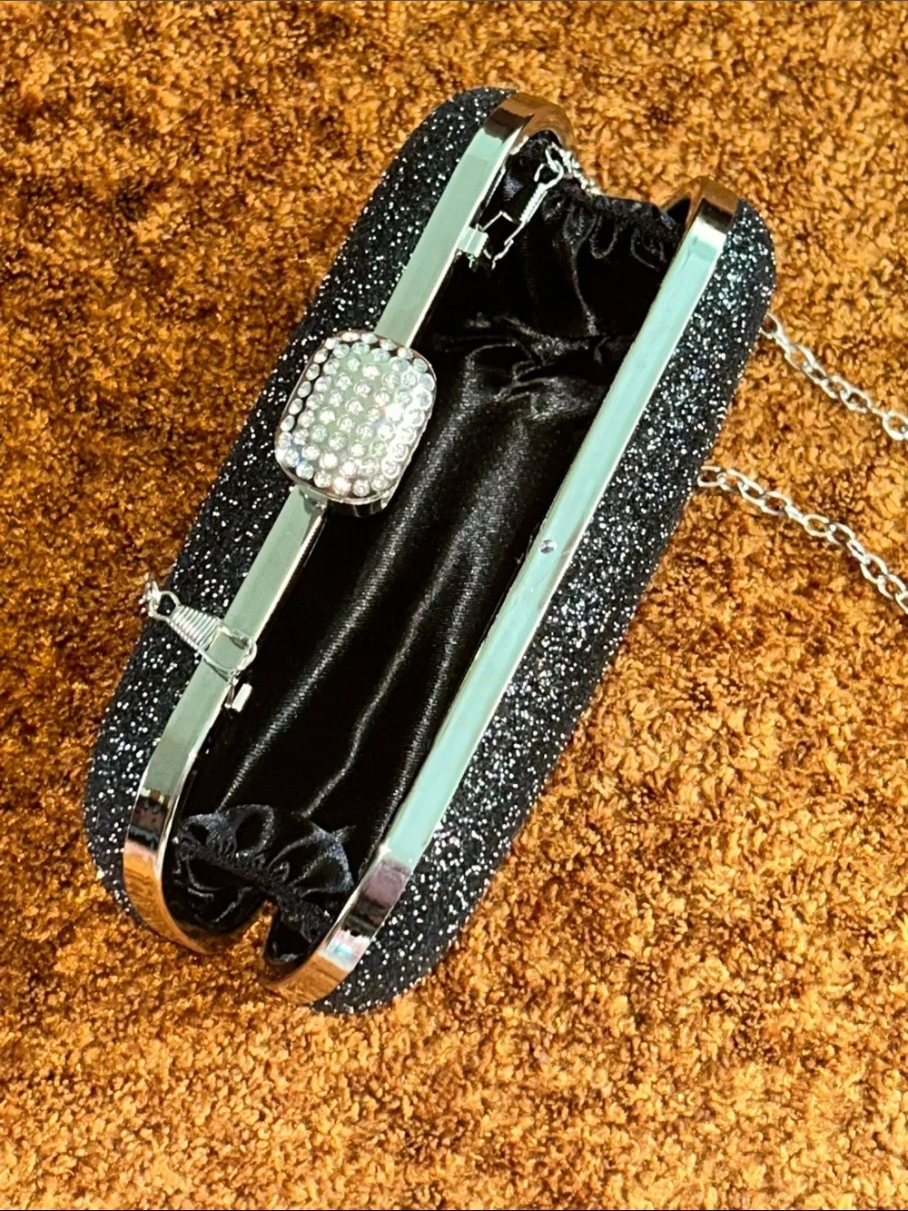 Black Glitter Rhinestone Evening Clutch with Silver Chain
